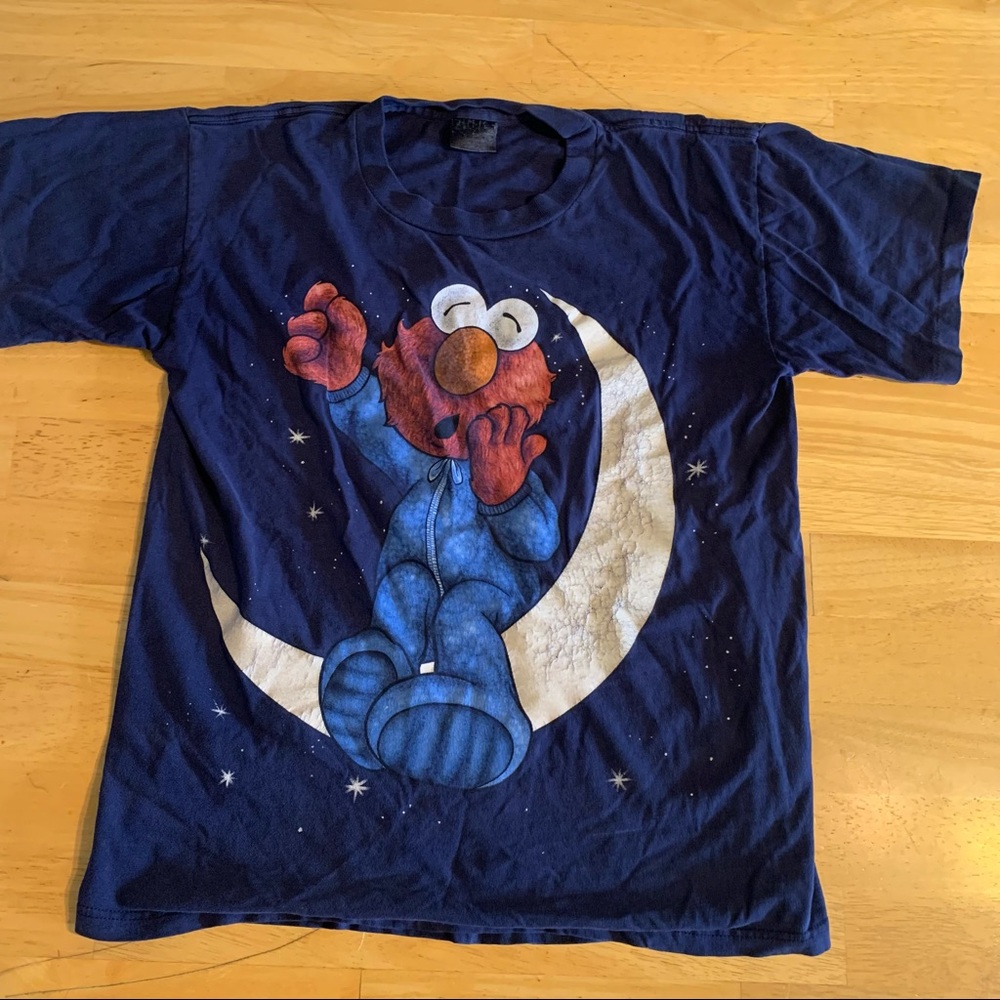 VTG 90s M Elmo Moon Blue Shirt Double Sided Print